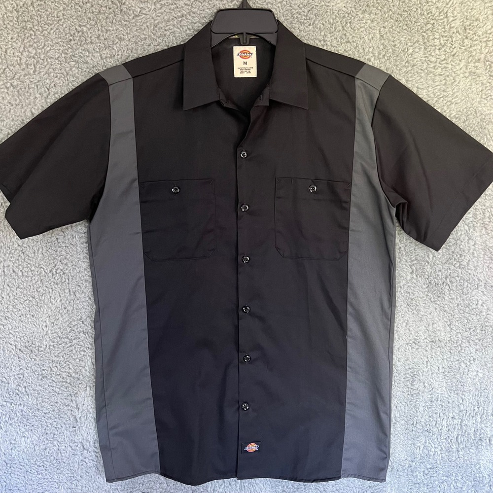 Dickies Work Shirt Two Tone Black Gray Bowling Mens Medium Short Sleeve Button